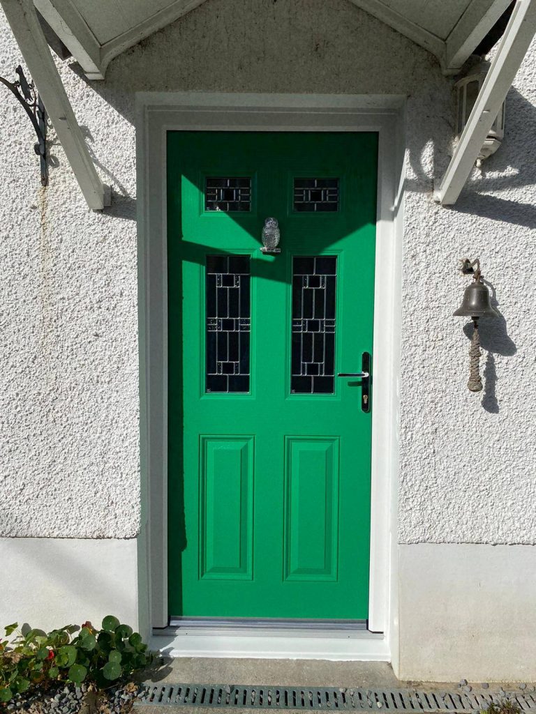 Door After - Classical Halg Glaed Green Composite Door With Bee Knocker