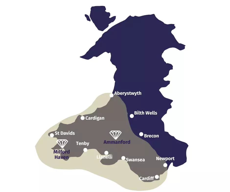 Map showing Sapphire Windows & Doors service areas across South and West Wales, including Ammanford, Milford Haven, Llanelli, Swansea, Cardiff, Tenby, St Davids, Cardigan and Brecon