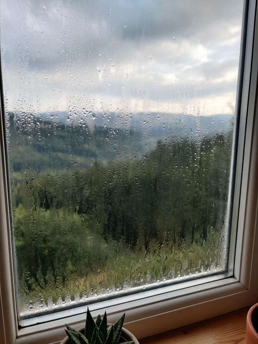 Misted double glazing showing condensation trapped between the glass panes