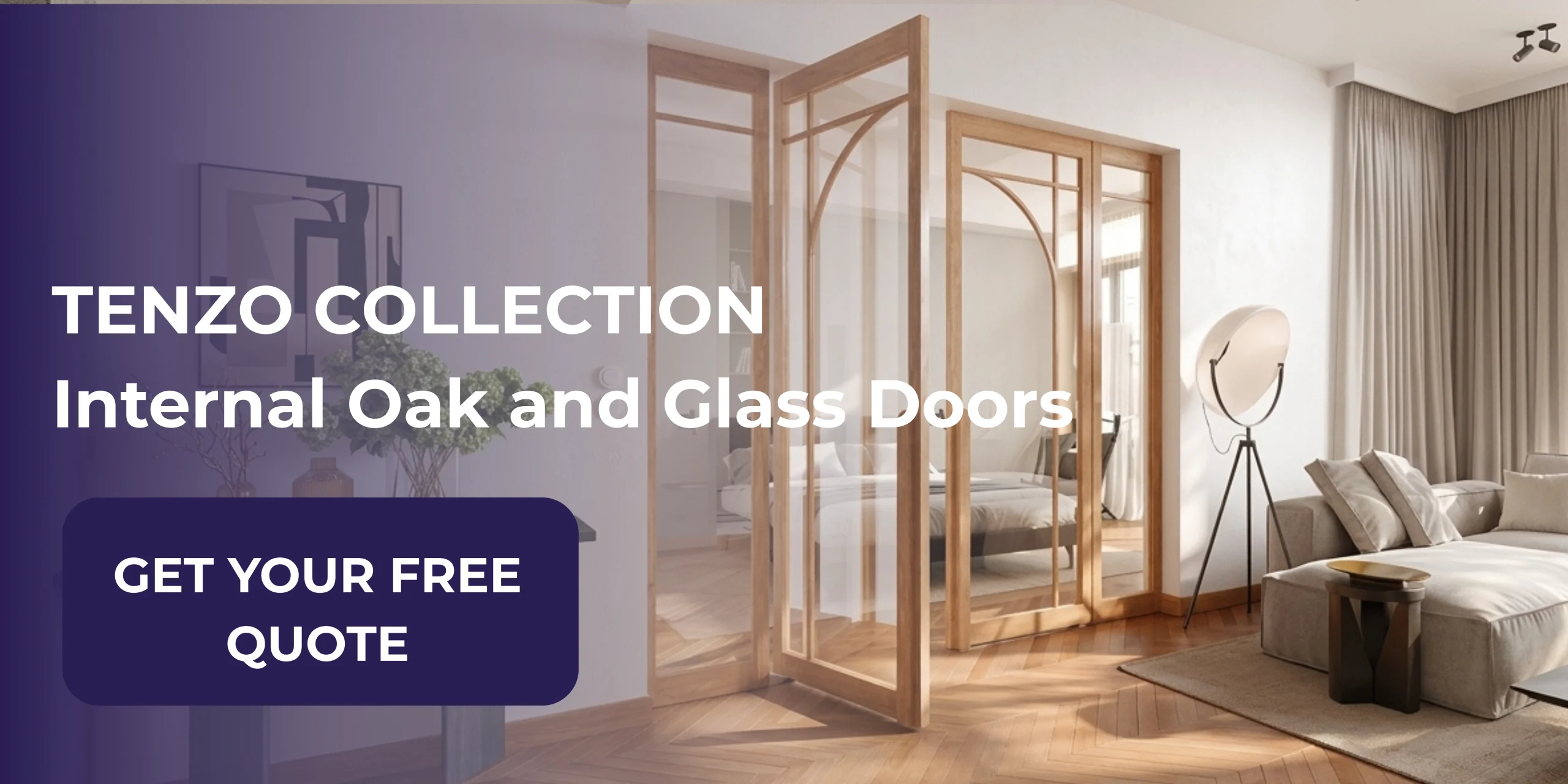 A bespoke OTIF TENZO internal oak door with clear glass panels, installed in a modern home by Sapphire Windows. The natural light oak wood frame enhances a bright hallway layout.